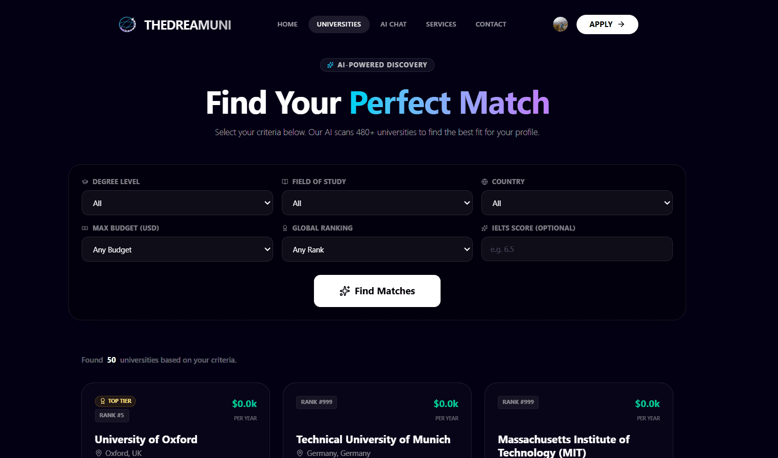 The DreamUni | Study abroad AI advisor Showcase 3